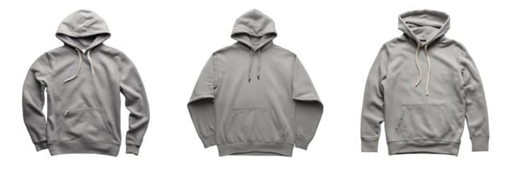 Three grey hooded sweatshirts displayed in a row  isolated on a transparent background