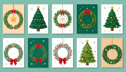 Cards 10 Christmas themed designs, wreaths with bows & trees. Festive, cheerful, and cute