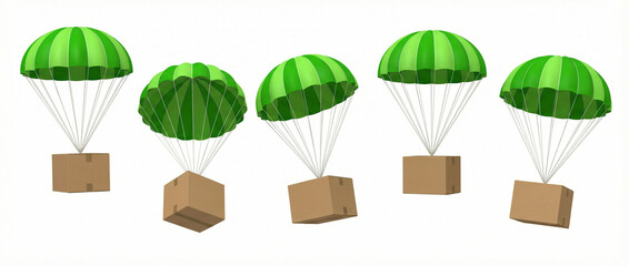 cardboard boxes attached to green parachutes in mid-air, 3D Rendering style, isolated on white background. Concept of shipping and air delivery 