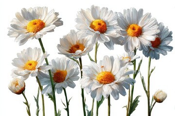 Set of beautiful white daisies with bright orange centers isolated against a plain white backdrop