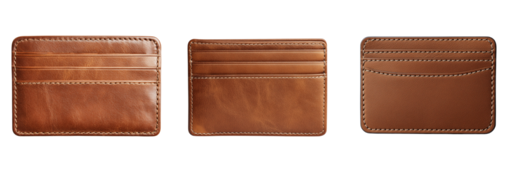 Three brown leather card holder wallets with visible stitching isolated on a transparent background image