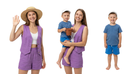 Joyful family moment features smiling women and children against clear background