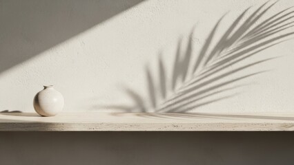 Minimalist white vase on table with palm shadow