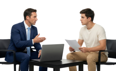 Professional interview scene with two men discussing topics with a laptop and papers isolated on