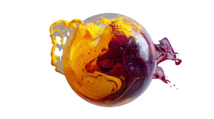 Abstract sphere merging vivid yellow and purple liquid paint, creating dynamic swirls and splashes with a transparent background