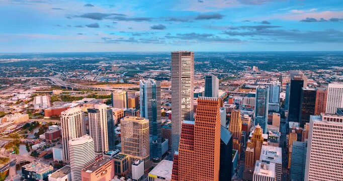 Beautiful vast cityscape of modern Houston, Texas, USA. Drone footage over the downtown with amazing high-rises.