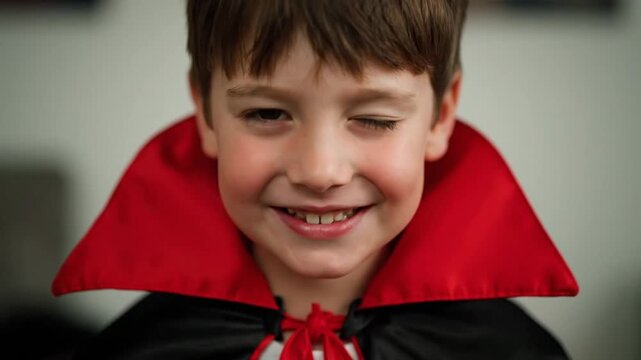 Young boy in vampire costume winking and smiling for Halloween fun