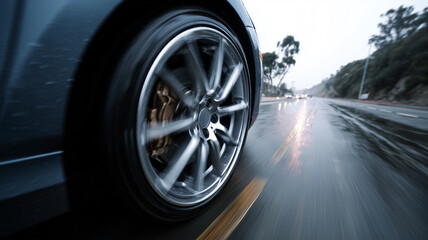 Detail shot of a rotating metallic alloy wheel in motion blur, roadside environment