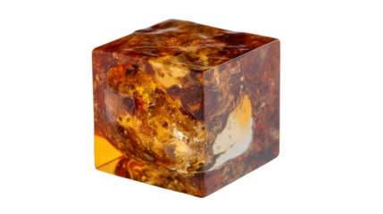 Amber resin cube showing ancient fossilized inclusions in a transparent gemstone shape, natural geology concept with clear background