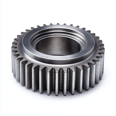 High Angle View of a Polished Industrial Steel Spur Gear Isolated on White