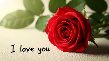Romantic close up of a single red rose with i love you message