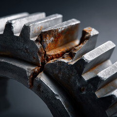 Extreme Close-up of a Broken Industrial Gear showing Internal Corrosion and Metal Failure