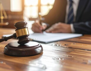 A gavel placed on a legal document, symbolizing justice and law in a courtroom setting.
