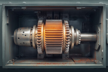 Internal View of a Mechanical Transmission Case with Golden Finished Spur Gears