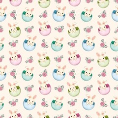 Obraz premium Seamless Easter pattern with cute bunnies peeking from pastel eggs, decorated with soft floral elements. Gentle spring colours create a sweet, playful design perfect for nursery decor, kids textiles