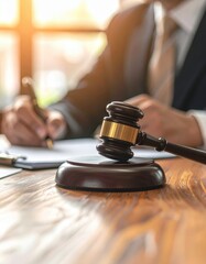 A lawyer is reviewing legal documents with a gavel and scales of justice, symbolizing law and legal proceedings.