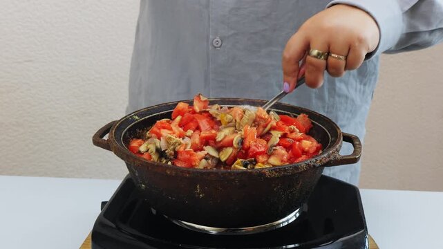 Vegetables and meat are stewed in a deep cast-iron skillet, with a female hand stirring