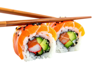 Close-up of two sushi rolls topped with salmon, chopsticks resting above
