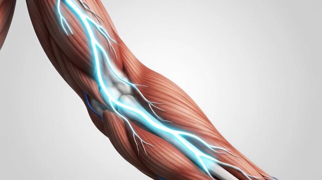 Ulnar Nerve Scan Visualization with Lighting Across Arm Anatomical Study Medical Illustration of Muscular Structure and
