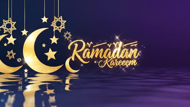 Ramadan Kareem greeting animation with gold crescent moon, stars on strings and reflection on water with dark purple background.