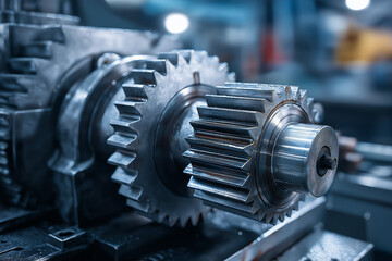 Cold Blue Toned Close-up of Precision Metal Gears in a Modern Industrial Environment