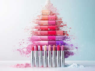 Creative holiday beauty concept featuring a Christmas tree made from lipstick and eyeshadow palettes on a soft blue background. 