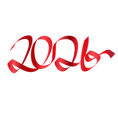 Elegant red ribbon calligraphy forming the number 2026 on white background for New Year celebration.