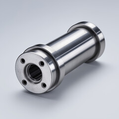Precision CNC machined steel industrial shaft component isolated on light gray background for engineering and manufacturing concepts.