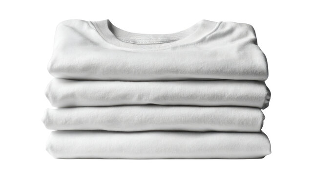 Stack of clean white folded t-shirts, basic apparel for laundry, clothing, and textile concepts on transparent background