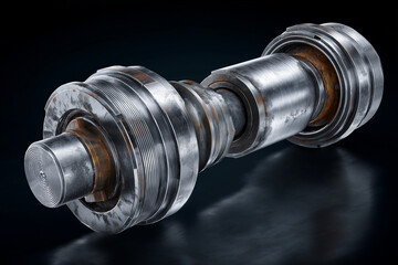 Heavy duty industrial steel drive spindle with visible rust and surface wear for heavy machinery maintenance and construction concepts.