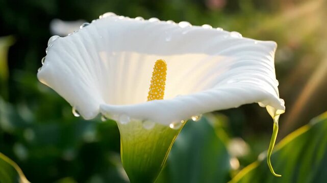 Close-up of a luminous white calla lily with dew drops, against a blurry green and sunny background