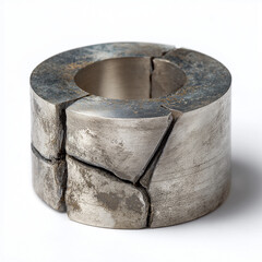 Cracked and broken metal industrial bushing demonstrating material failure and structural stress analysis in engineering research.