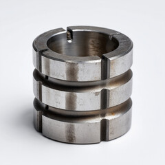 Machined steel industrial bushing with multiple grooves for lubricant distribution in heavy machinery mechanical joints.