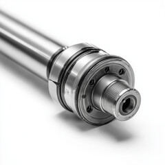 Close up of a chrome plated hydraulic piston rod assembly with seals and threaded end for heavy construction equipment isolated on white.