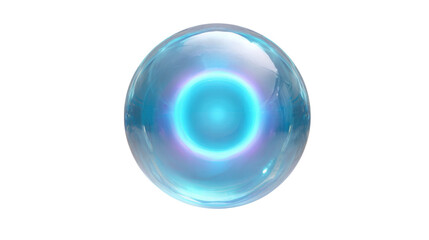 Blue iridescent sphere with a glowing core, representing futuristic energy and technology, isolated on transparent background