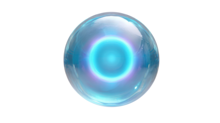 Blue iridescent sphere with a glowing core, representing futuristic energy and technology, isolated on transparent background