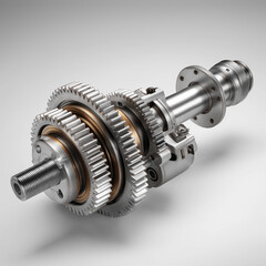 High-precision industrial transmission assembly with multiple steel gears and brass components on a white background.