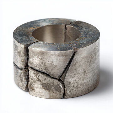 Cracked and broken metal industrial bushing demonstrating material failure and structural stress analysis in engineering research.