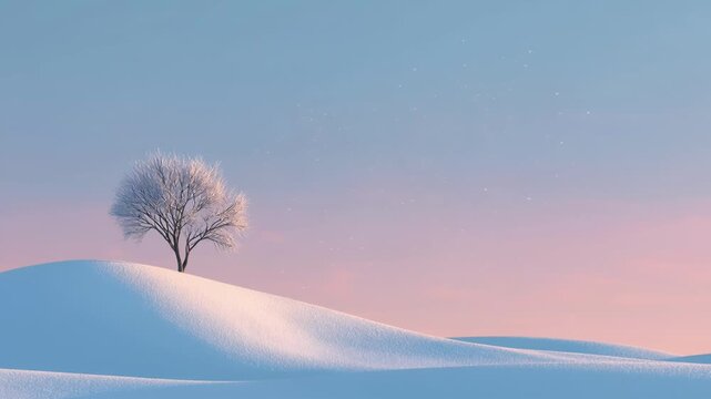 Solitary bare tree on snow-covered hill pink blue sunset sky, minimalist winter landscape nature scene