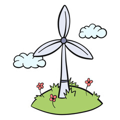 Doodle wind turbine standing on green hill with grass and flowers, under clouds, isolated on white background. concept of renewable energy, sustainability and harmony with nature
