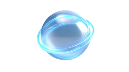 Abstract blue energy orb with swirling glowing light, generating power and data on transparent background