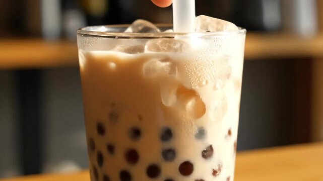 Refreshing iced beverage with boba pearls and ice cubes closeup