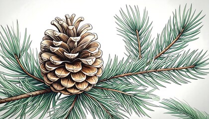 Detailed botanical illustration of a pinecone on an evergreen branch with long green needles against a white background.