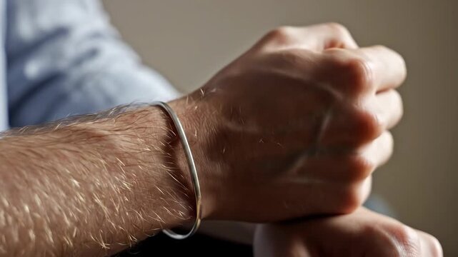Closeup of a man's hairy arm with a silver bangle and clenched fists