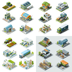 Fototapeta premium Isometric watercolor city buildings and infrastructure set with shops houses and offices, detailed urban illustrations isolated on white background for maps games planning and design