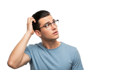 Young caucasian man in a light blue t-shirt and clear eyeglasses, scratching his head with a thoughtful, confused expression, looking up, posed in a studio against a transparent background with copy