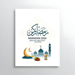 Ramadan 2026 greeting card with mosque and moon