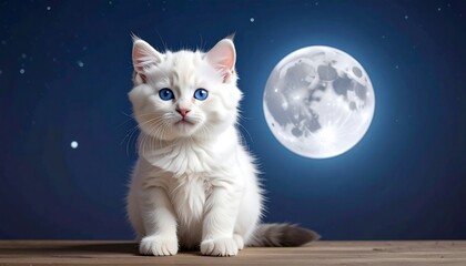 Adorable white kitten with striking blue eyes sits under a full moon and starry night sky