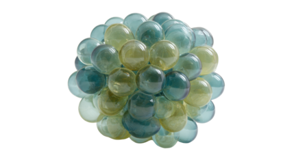 Cluster of transparent hydrogel balls in varying shades of blue, green, and yellow on a transparent background