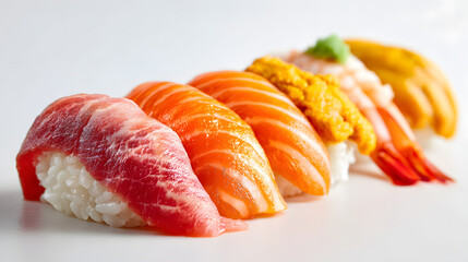Premium Assortment of Sushi Close Up, Featuring Various Types of Fish and Fresh Ingredients